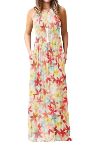 DEARCASE Sleeveless Maxi Dress for Women Floral White Large Wedding Guest A-line Casual Loose Party Vintage Spring Summer Floor Length Ladies Beach Sundress Vacation Long Flowy Dresses with Pockets - Image 1