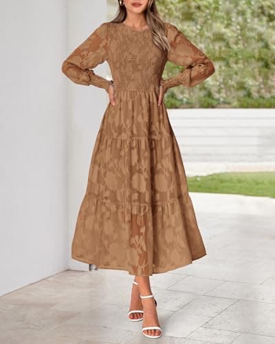 BTFBM Wedding Guest Dresses for Women Fall Fashion 2025 Casual Long Sleeve Floral Maxi Boho Homecoming Dress(Coffee,XX-Large) - Thumbnail 2