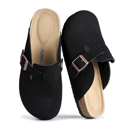 Dumalum Suede Black Clogs for Women & Men - Comfort Cork Footbed with Arch Support - Adjustable Buckle Mules Slip-On Sandals Unisex Potato Shoes Home Slippers - Image 1