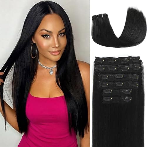 Yaki Straight Clip in Hair Extensions Real Human Hair 20Inch 120g 6Pcs Seamless Human Hair Clip in Extensions for Women Clip ins Hair Extensions Double Weft (Black, 20 Inch) - Image 1