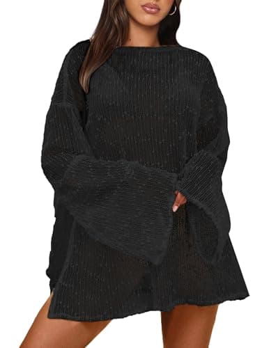 Gleeneat Crochet Coverups for Swimwear Women Swimsuit Bathing Suit Beach Bikini Cover Up Boat Neck Long Sleeve 2026 Sexy Beachwear Dress Caftan Summer Clothes Black - Image 1