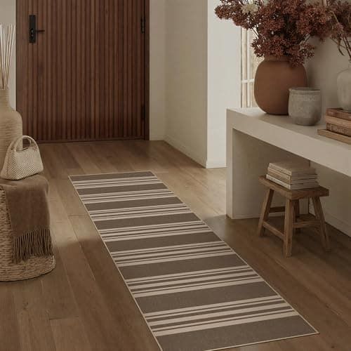 PureCozy Striped Easy Jute 2x6 Kitchen Runner Rug Brown Washable Outdoor Carpet for Hallway Non Slip Farmhouse Neutral Non Shedding Indoor Outdoor Long Rug Bathroom Bedroom Laundry Entryway - Image 1
