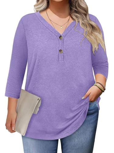 Plus Size Clothes Spring Beach Vacation Fashion Clothing Boho Summer Tops for Women Trendy Dressy Casual Womens Blouses 3/4 Length Sleeve Shirts Oversized Tshirts School Teacher Outfits Purple 4XL - Image 1