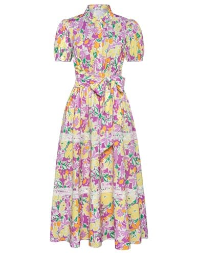 GRACE KARIN Women's 2026 Summer Floral Flowy Dresses Boho Tie Belt Short Puff Sleeve A Line Maxi Shirt Dress with Pocket Purple Yellow Small - Image 1