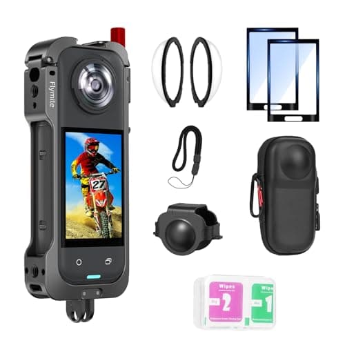Flymile Insta 360 X5 Utility Cage/Carrying Case (Frame + Lens Cap) Lens Guard/2 Pack Screen Protector Accessories Kit, Tempered Film Glass Metal Cover Portable Bag for Insta360 X5 Protective Bundle - Image 1