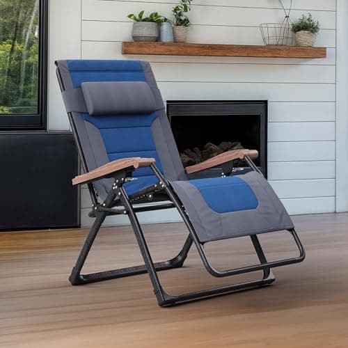 PURPLE LEAF Oversized Outdoor Reclining Chair Patio Zero Gravity Chaise Lounge Folding Chair with Quilted Cushion Adjustable Headrest for Lawn Camping Beach Pool Grey and Navy Blue - Image 1