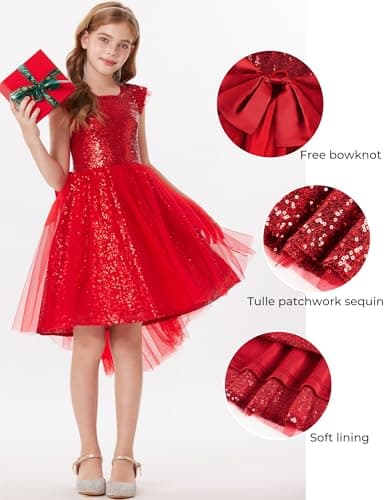 GRACE KARIN Girls Party Sequin Dress Size 8, Kids Birthday Dance Formal Sparkly Dresses, Wedding Flower Girl Dress Red - Thumbnail 6
