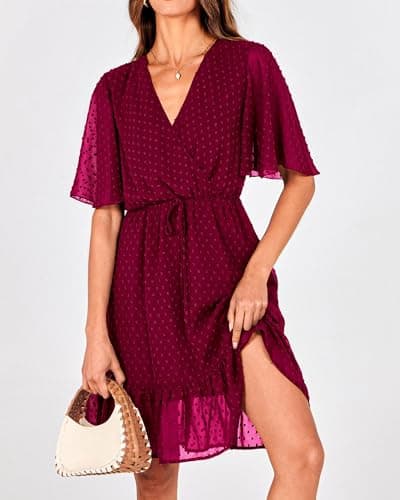 KIRUNDO Womens Summer Dresses 2026 Casual Spring Short Sleeve V Neck Ruffle Swiss Dot High Waist Belted Flowy Mini Dress, Style2-wine Red, Medium - Thumbnail 5
