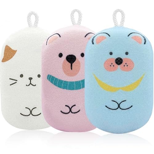 JieLiLeHome Baby and Kids Bath Loofah Sponge, Soft and Absorbent Toddler Exfoliating Body Scrubber Shower Loofa Sponge,Cute Pattern Design for Kids Baby Women Boys and Girl, 3 Pack (Bear/Dog/Cat) - Image 1