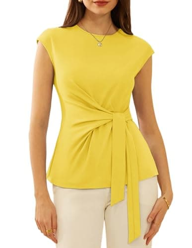 Summer Tops for Women 2025 Cap Sleeve Solid Color Dressy T-Shirts Tops Casual Tie Waist Tunics Shirts Bright Yellow - Image 1