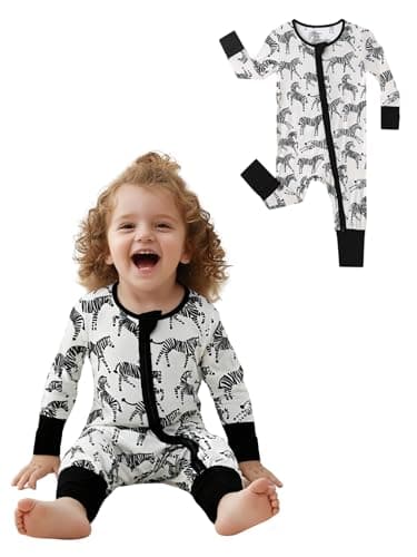 NewSeed Unisex Infant Neutral Zipped Footies, Viscose from Bamboo 2-Way Zipper Romper Outfit, 0-24 Months One-piece Jumpsuit (Zebra, 9-12M) - Image 1