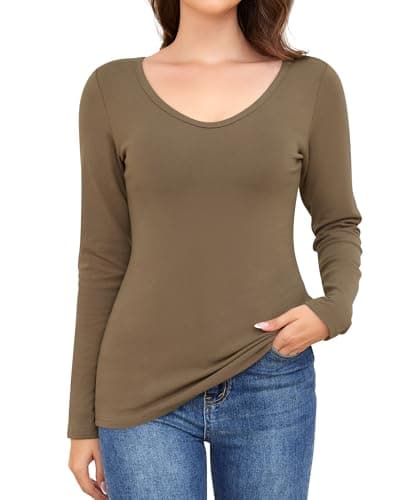 Ganado Long Sleeve Shirts for Women V Neck Thermal Shirt Layering Undershirts Plain Fitted Basic Tops (Light Brown, Small) - Image 1