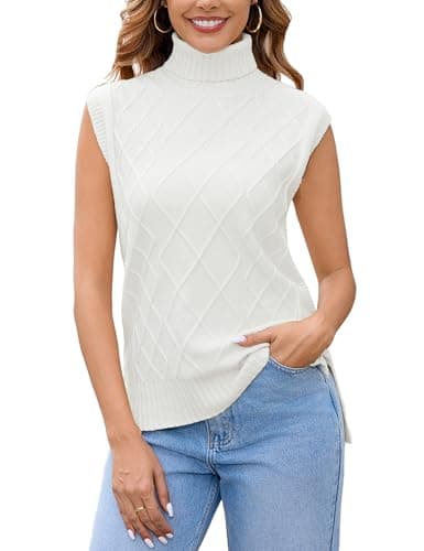 Totatuit Women Knit Tank Tops Sleeveless Turtleneck Cable Ribbed Pullover Sweater Vests(White, Small) - Image 1