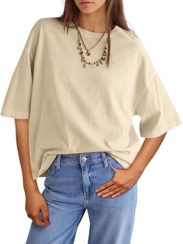 UNCLECAT Womens Oversized Short Sleeve T Shirts Summer Trendy Tops Casual Solid Crew Neck Loose Fit Basic Tees Apricot - Image 1