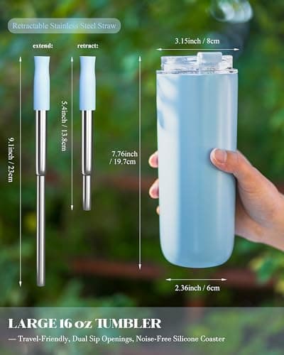 UIRZOTN 16 oz Insulated Coffee Tumblers, Travel Coffee Tumblers with Straw, Double-Wall Stainless Steel Tumbler, Leak Proof Tumbler, Reusable Cups with Lids for lced and Hot Drinks (Blue) - Thumbnail 5
