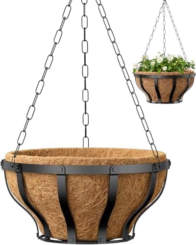 VOXOR Metal Hanging Baskets for Plants, Heavy Duty Wrought Iron Hanging Baskets with Coco Liner & Reinforced Chain, Ideal for Garden, Patio & Porch Decoration (2 Pack, 12 Inch) - Image 1