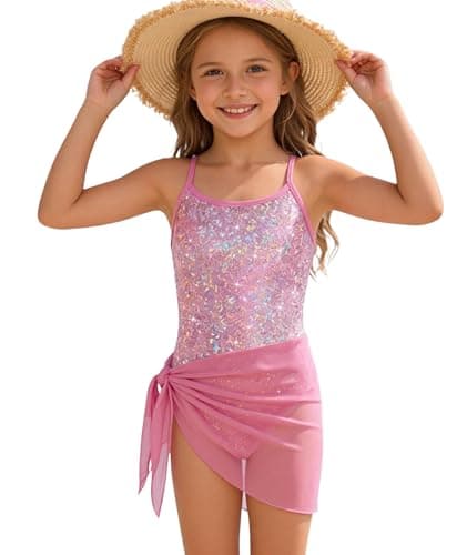 MFAVIP Girls Swimsuit Quick Dry Pink One Piece Bathing Suit with Cover Up Skirt Swimwear Sparkle 5-6 Years - Image 1