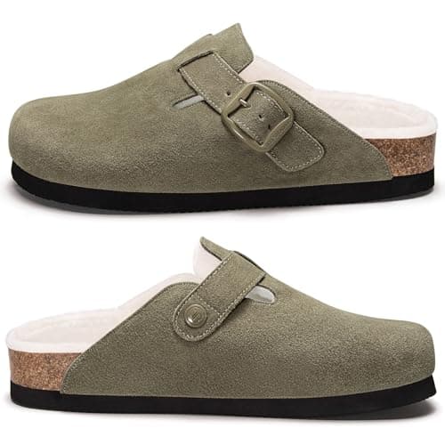 Fuzzy Suede Clogs for Women Fur Lined Leather Mules Soft Non Slip Potato Shoes with Arch Support Green - Thumbnail 6