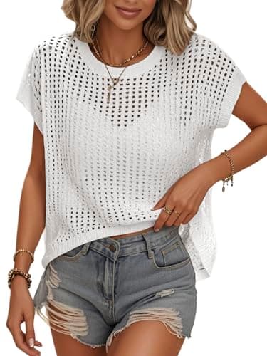 Bellcoco Crochet Tops for Women Summer Vacation Outfits Beach Cover Ups Cute Hollow Out Pullover Sweater Vest Cap Sleeve Clothes 2026 White X-Large - Image 1