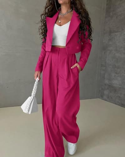 KIRUNDO Fall Sets Women 2 Piece Outfits Business Casual Cropped Blazer and Wide Leg Pants Suit Sets Work Clothes(Rose Red, Medium) - Thumbnail 5