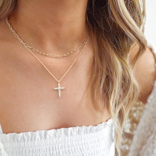 Goxygen Layered Cross Necklace for Women - 14K Plated Gold Double Layer Chain Necklace, Dainty Cubic Zirconia Crucifix Pendant Necklace, Anniversary Birthday Christian Faith Jewelry Gift for Her - Thumbnail 2