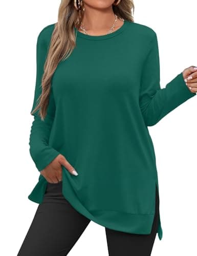 JUSTFASHIONNOW Womens Long Sleeve Tunic Tops to Wear with Leggings Crew Neck Side Split Layering Shirts Loose Fit Long Tops Darkgreen - Image 1