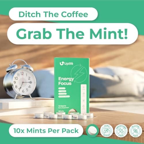 UPLIFE Energy Gum & Mints 60 Pieces (30 Each) – Made in USA - 40mg Natural Caffeine + 80mg L-Theanine + Niacin Vitamin B3 & B12 – Sugar-Free, Vegan – Caffeine Gum & Mint – Peppermint Flavor - Thumbnail 4