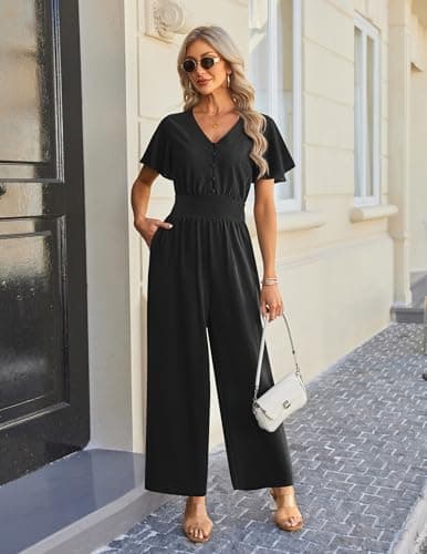 LOOKBOHO Dressy Jumpsuits for Women Ruffle Short Sleeve Button V Neck 2026 Wide Leg Pants Romper One Piece Outfits - Thumbnail 2