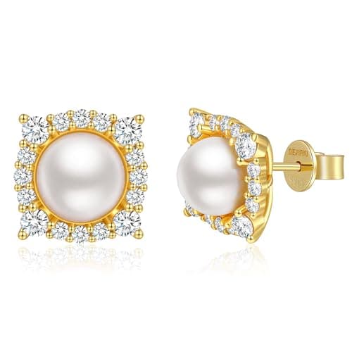 Dexiriu Pearl Stud Earrings for Women, Halo Studs with 14K Gold Plated S925 Silver & Cultured Freshwater Pearl, Gift for Birthday, Mothers Day, Christmas, Anniversary, Graduation(8-9MM) - Image 1