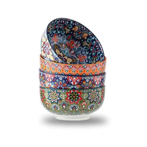 Porcelain Bowl Set of 4, 6 Inche Deeply Bohemia Bowl Set Large Ceramic Bowl 24 oz, for Salad Pasta Soup Cereal Oatmeal Fruit, Microwave & Dishwasher Safe Gift Handmade-Style Bohemian Print Dinnerware - Image 1