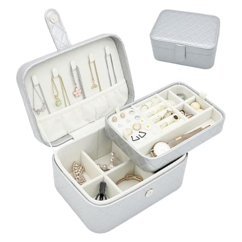 Cuifdem Jewelry Travel Case, 2-Layer Jewelry Box Organizer Medium Jewelry Travel Box, Portable Faux Leather Jewellery Storage Boxes with Argyle for Women, Daily Jewellery Case Home Use (Silver gray) - Image 1