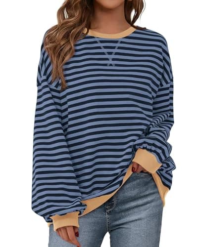 BTFBM Womens Oversized Striped Sweatshirt 2026 Spring Crewneck Long Sleeve Pullover Top Casual Y2K Clothes Workout Shirt(Blue Navy, Large) - Image 1