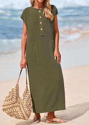 KIRUNDO Womens Summer Dresses 2026 Spring Ribbed Knit Henley Short Sleeve Maxi Dress Button Up Loose Beach Vacation Sundress(Army Green, Small) - Thumbnail 3