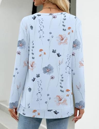 JUSTFASHIONNOW Womens Long Sleeve Tunic Tops to Wear with Leggings Crew Neck Side Split Layering Shirts Loose Fit Long Tops Floral Blue - Thumbnail 5