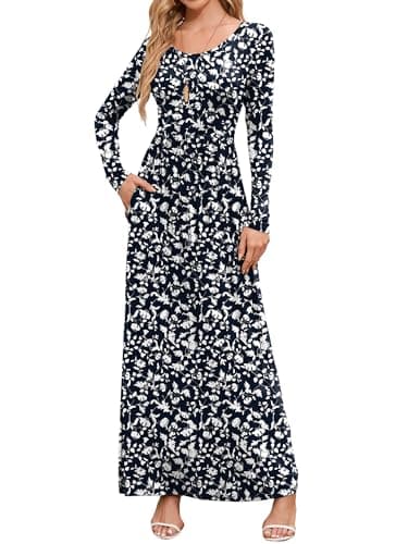 DEARCASE Maxi Dress for Women Floral Navy Blue Entwined Flower XX-Large Round Neck Boho Long Sleeves A-line Casual Hawaiian Empire Waist Flowy Party Vintage Spring Fall Winter Dresses with Pocket - Image 1