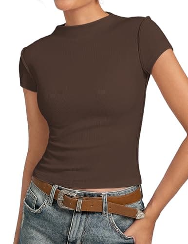 Womens Cap Sleeve Tops, Mock Neck Raw Seam Shirts, Ribbed Y2K Going Out Crop Top, Trendy Fitted Cute Tshirts(Brown, XL) - Image 1