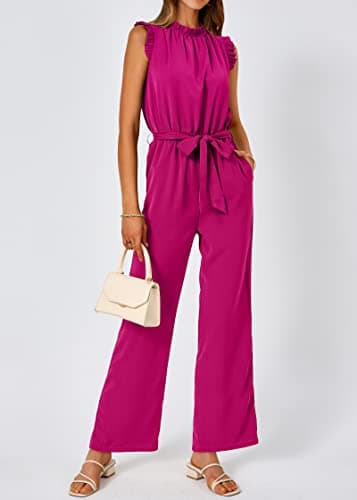 KIRUNDO Jumpsuits For Women Dressy Summer One Piece Sleeveless Ruffle Mock Neck Belt Pockets Formal Wide Leg Pants Romper(Rose Red, X-Large) - Thumbnail 5