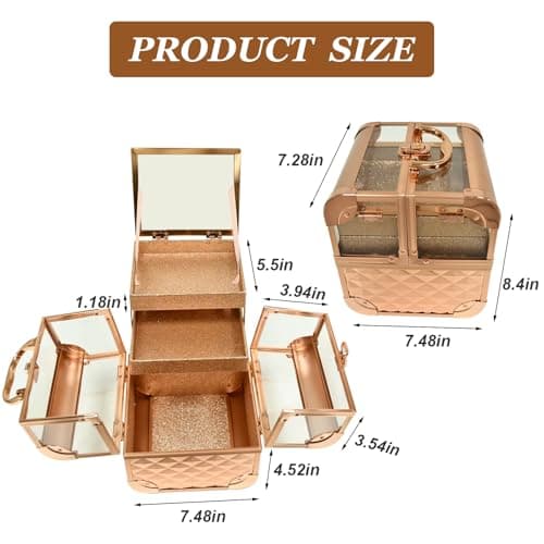 VETALLO Travel Makeup Case Organizer, Protable Cosmetic Case Storage with 2 Trays Mirror,Makeup Train Case Organizer,Make Up Box,Makeup Train Case for Nail Jewellery Vanity Storage Case - Thumbnail 2