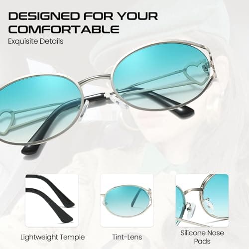 SODQW Retro Oval Sunglasses for Women Trendy Metal Frame Round Designer Sun Glasses with Heart Accents UV Protection - Thumbnail 3