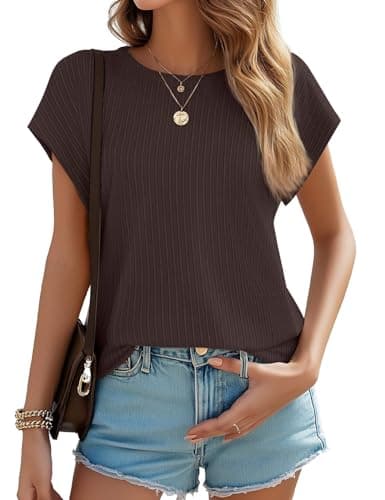 JUSTFASHIONNOW Short Sleeve Blouses for Women Business Casual Shirts Crew Work Tops Neck Basic Tees Textured Cute Office Outfits(Brown,S) - Image 1