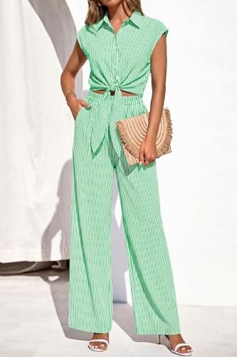 PRETTYGARDEN 2 Piece Sets For Women Summer Striped Button Down Tie Front Crop Tops Wide Leg Pants Floral Lounge Set 2026(Striped Green,Large) - Thumbnail 6
