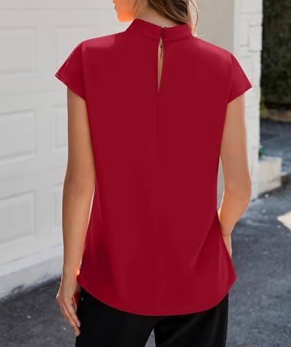 Funlingo Women's Summer Tops Dressy Casual Short Sleeve Tunic Shirts Mock Neck Loose Fit Trendy Business Work Office Chiffon Blouses Red 2XL - Thumbnail 2