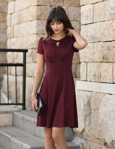 Women's 1950s Vintage A Line Wrap Dress Knee Length Round Neck Dress Hepburn Style Dress Wine Red XXL - Thumbnail 3
