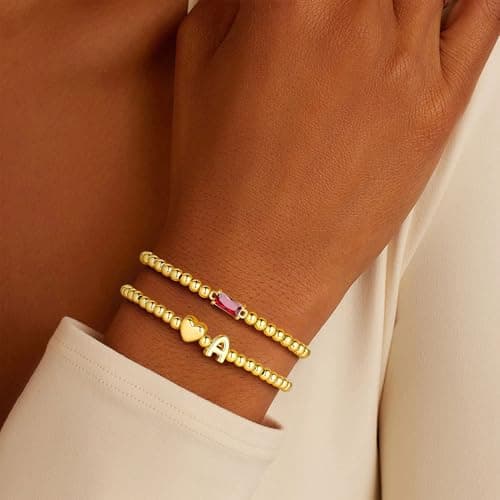 Turandoss Heart Initial Bracelets for Women - 14K Gold Plated Waterproof Birthstone Beaded Bracelets with Initial P Stackable, Dainty Created Blue Aquamarine Charm Jewelry Gifts - Thumbnail 3