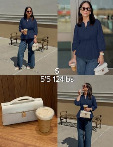 ZESICA Women's 2026 Fall Babydoll Peplum Tops V Neck Puff 3/4 Length Sleeve Shirts Dressy Casual Blouses,Navy,Medium - Thumbnail 6