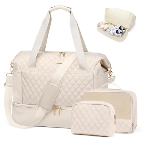 MDODO Travel Duffel Bags for Women Weekender Overnight Duffle Bag with Wet Pocket Shoes Compartment Carry on Tote Bag for Business,Trips,Travel,Sports,Gym,Yoga,Hospital,3 Pcs Set,43L,Beige - Image 1