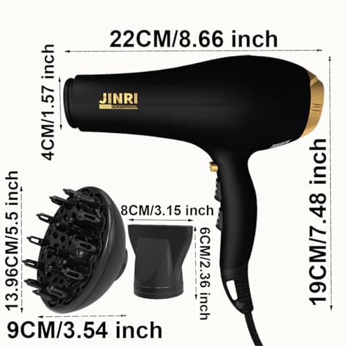 JINRI Hair Dryer - 2000W High-Speed AC Negative Ionic Blow Dryer for Salon & Personal Use – Powerful, with Diffuser & Nozzle for Women & Men, Black Gold - Thumbnail 2