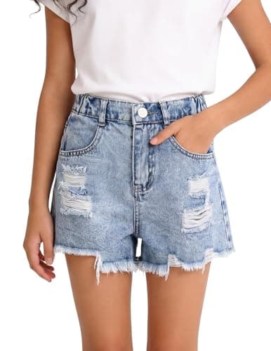 PATPAT Girls Ripped Jean Shorts 5-14Y, Y2K Vintage Mid Waist Straight Leg Denim Shorts with Elastic Waistband & Frayed Hem - Image 1