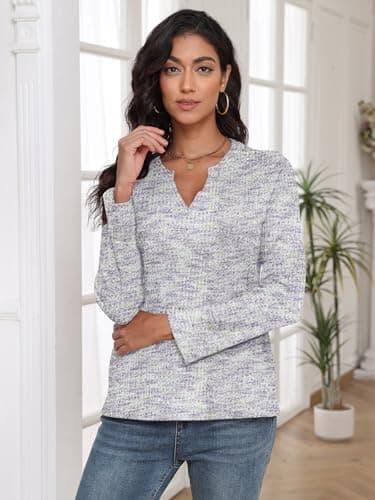 COCOMARTS Womens Waffle Knit V Neck Tops Long Sleeve Henley Shirts Casual Blouses Fall Winter Outfits 2025 Trendy Clothes Purple White Large - Thumbnail 4
