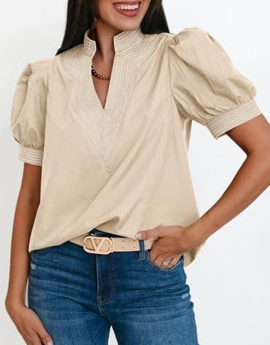 Cicy Bell Womens Puff Short Sleeve Blouses Summer Casual Dressy Contrast Stitch V Neck Tops Loose Fit Tee Shirts Beige - Thumbnail 3